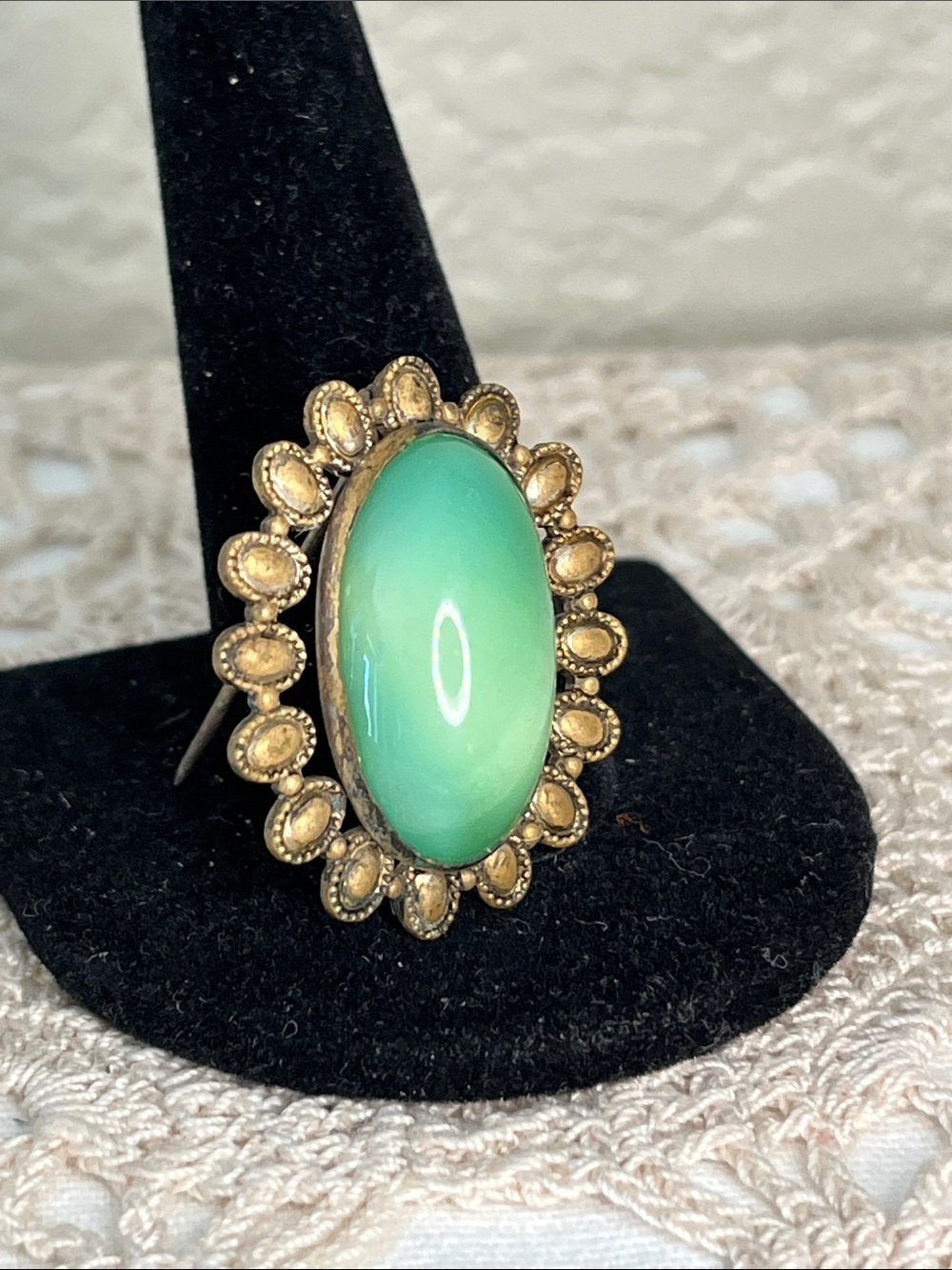 Antique Green Glass Cabochon Brooch C-Clasp Gold Tone Filigree Victorian Revival